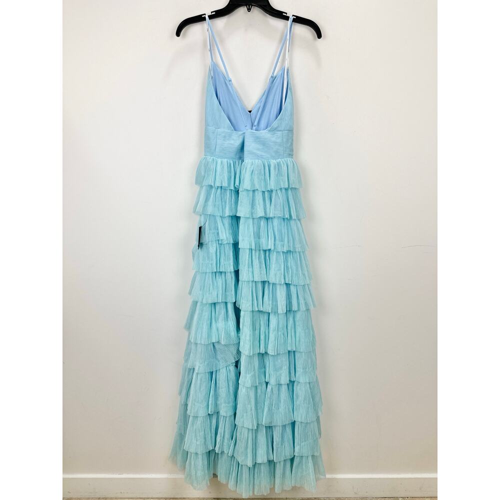 Lulus Radiant Event Light Blue Mesh Tiered Pleated Backless Maxi Dress Large NWT - Picture 8 of 11